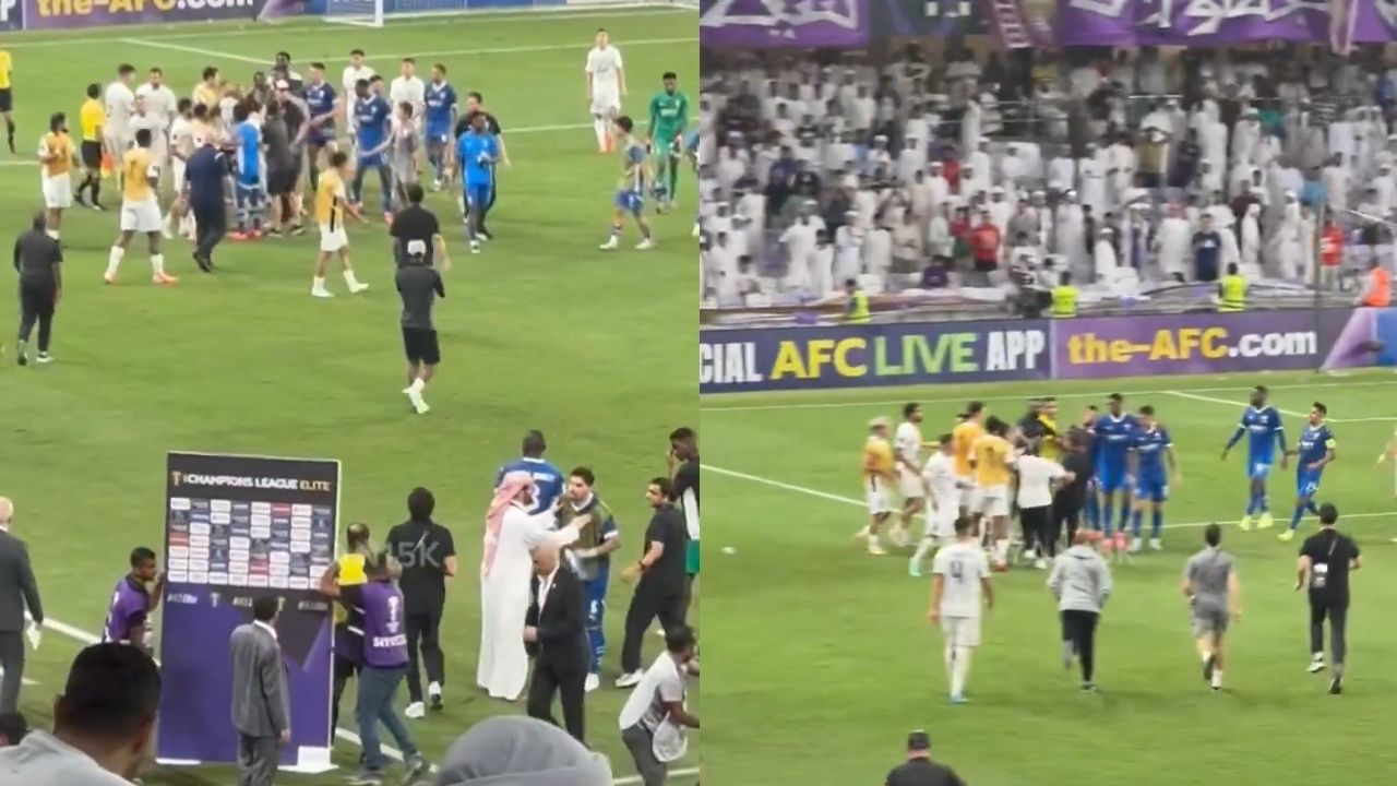 لحظة اشتباك مهاجم الهلال مع لاعبي العين بعد نهاية المباراة